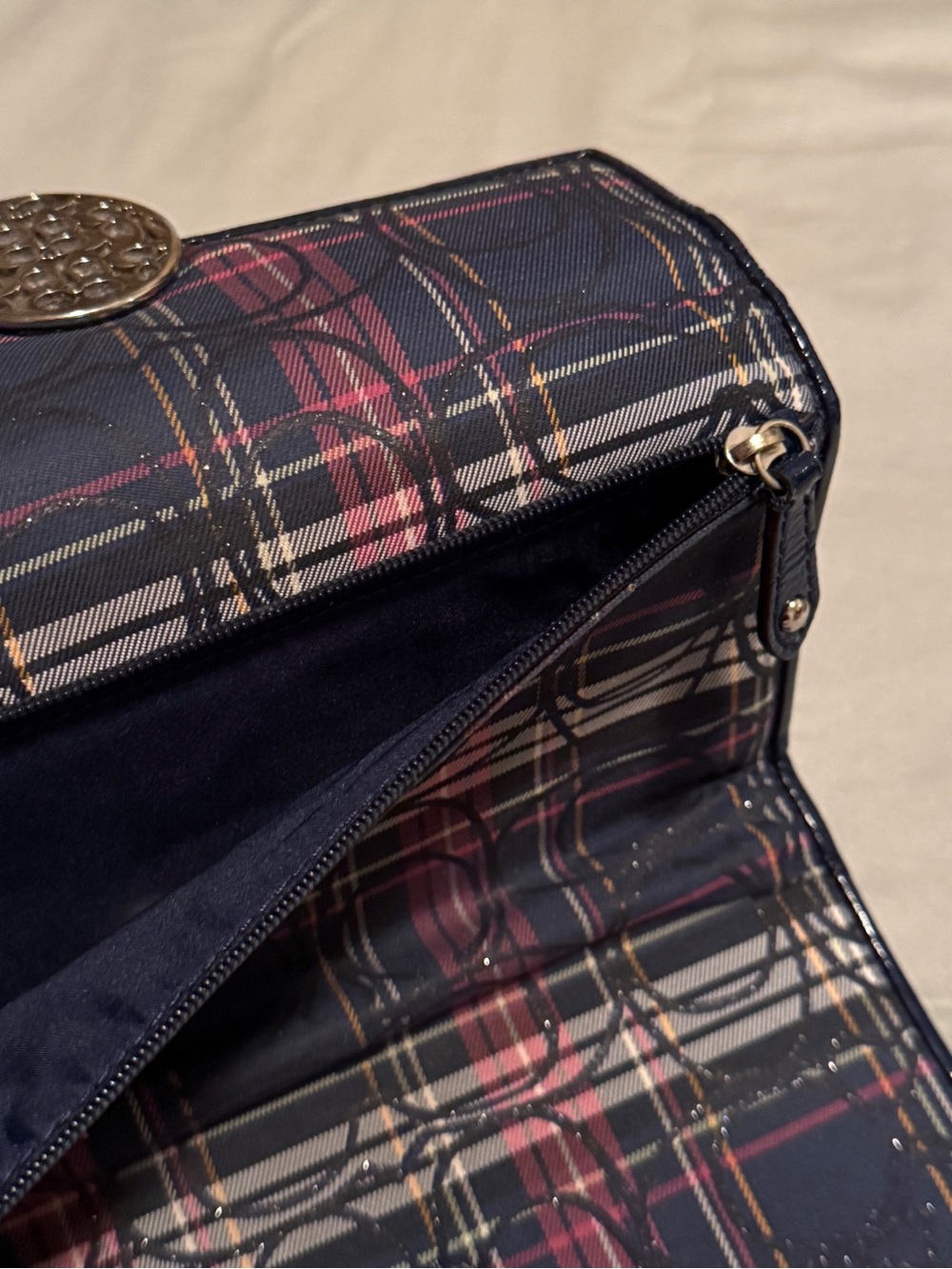 A Coach Plaid Trifold Wallet with Decorative Silver Signature Medallion - Picture 11 of 11